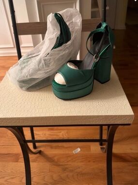 Green Platform Peep-Toe Ankle-Strap Heels